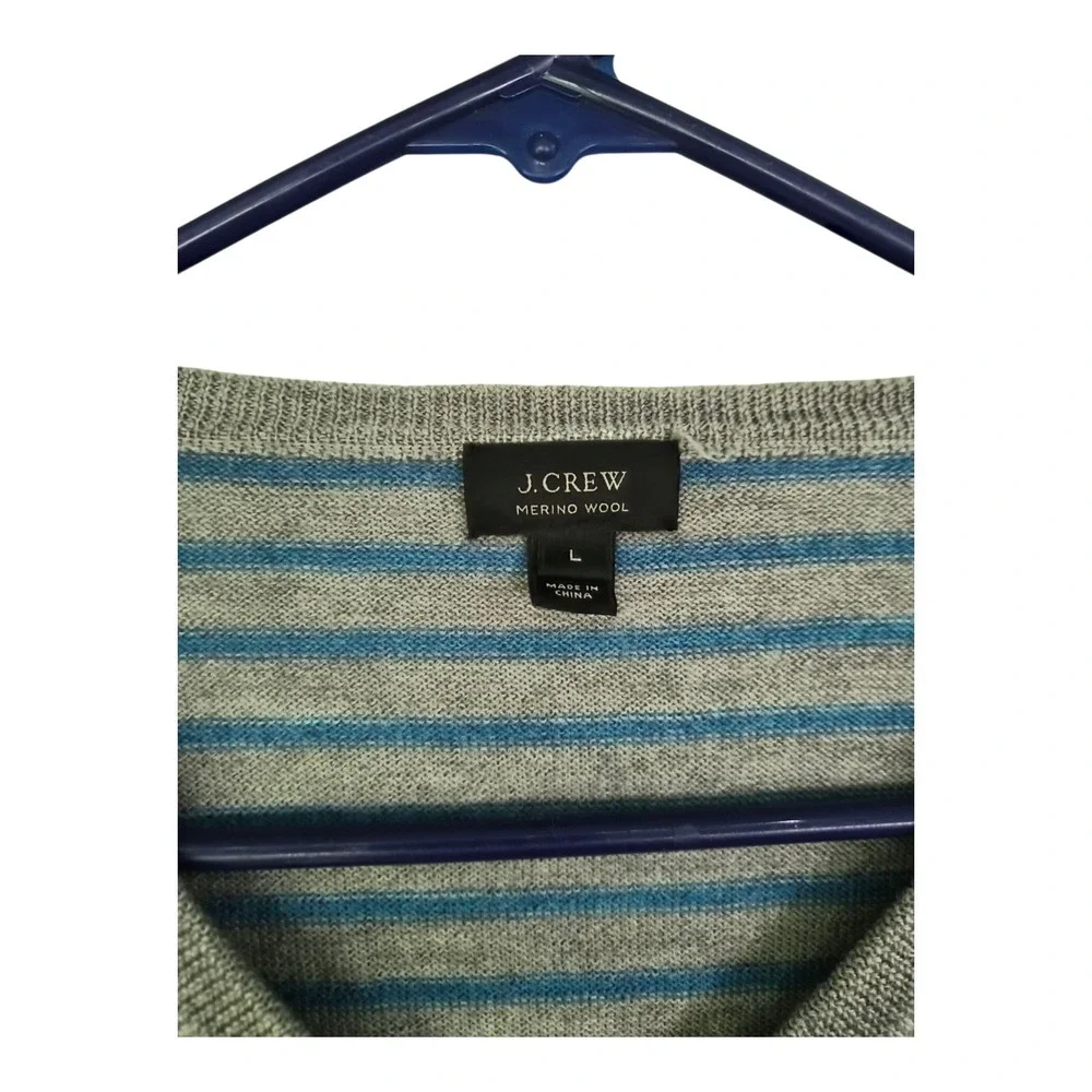J.Crew 100% Merino Wool Sweater Large Blue Gray Stripe V Neck Lightweight